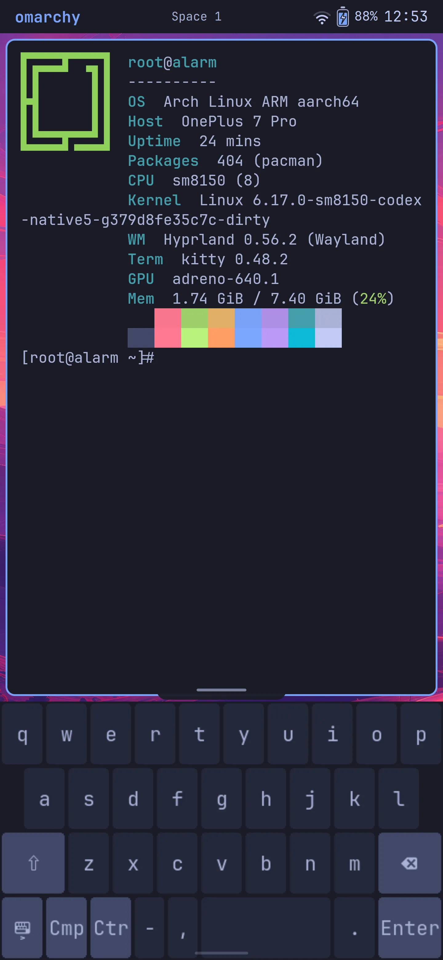 On-screen keyboard below the terminal