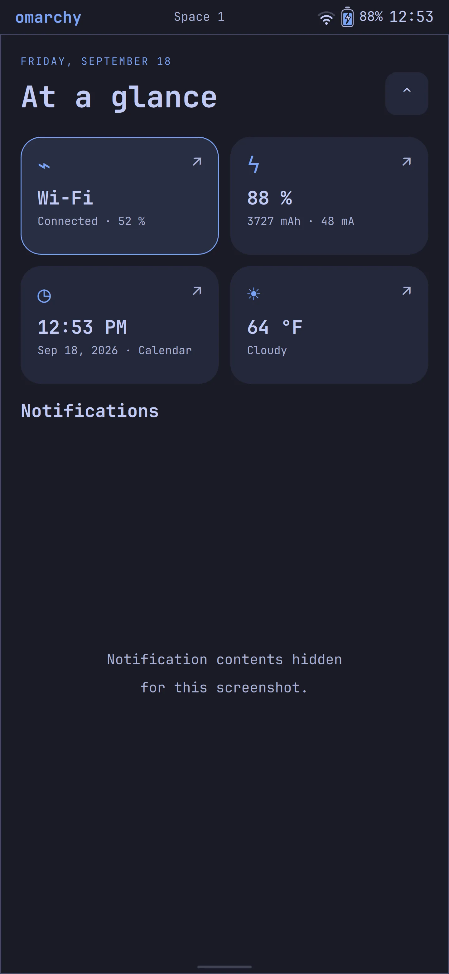 Notification shade with Wi-Fi, battery, calendar, and weather